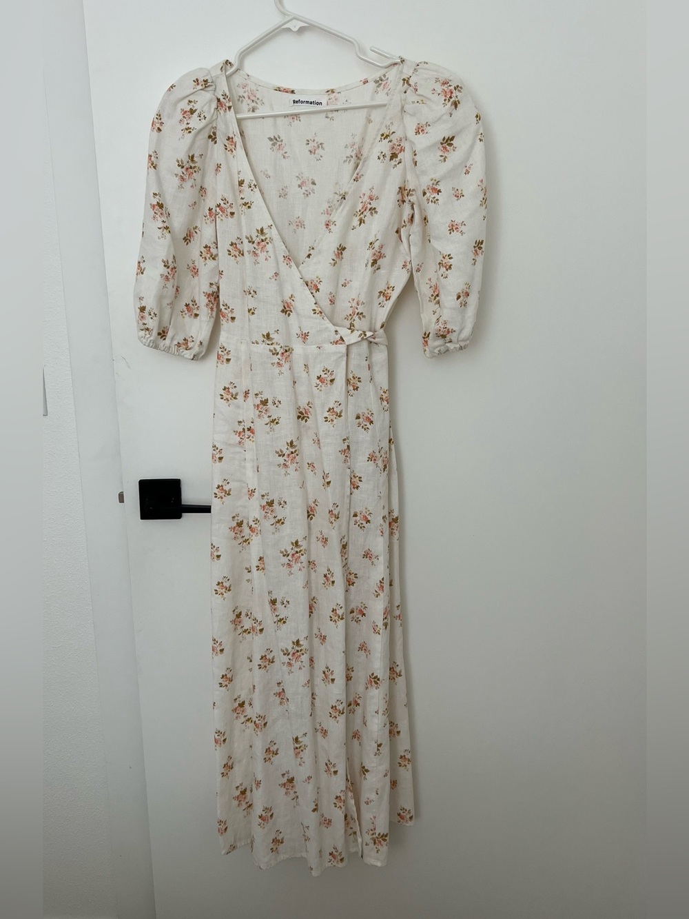 Reformation Cream Floral Wrap Maxi Dress with Puff Sleeves
